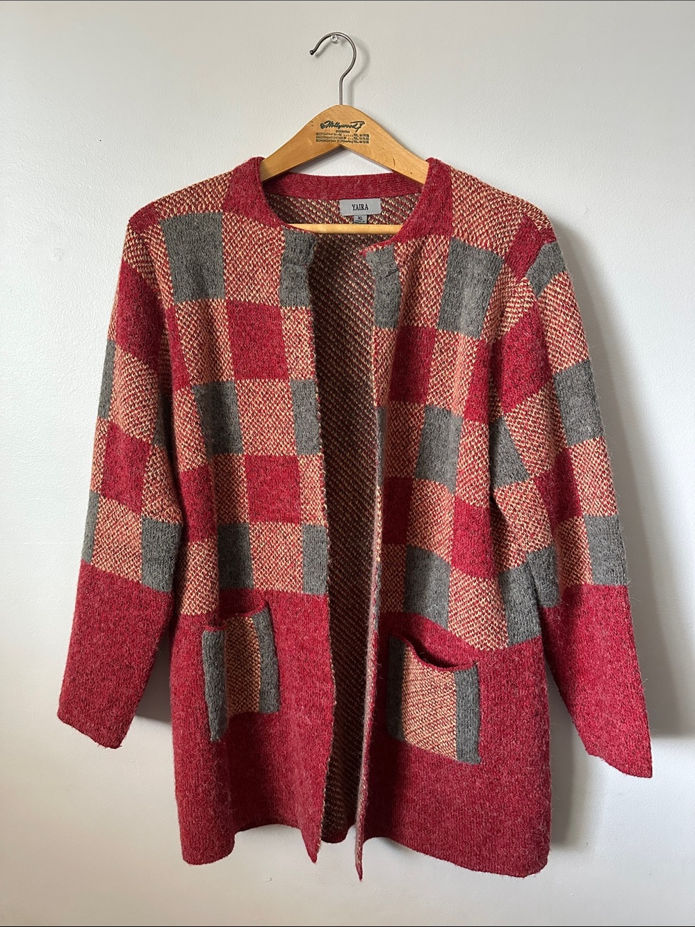 Yaira Red & Gray Checkered Open Cardigan Sweater